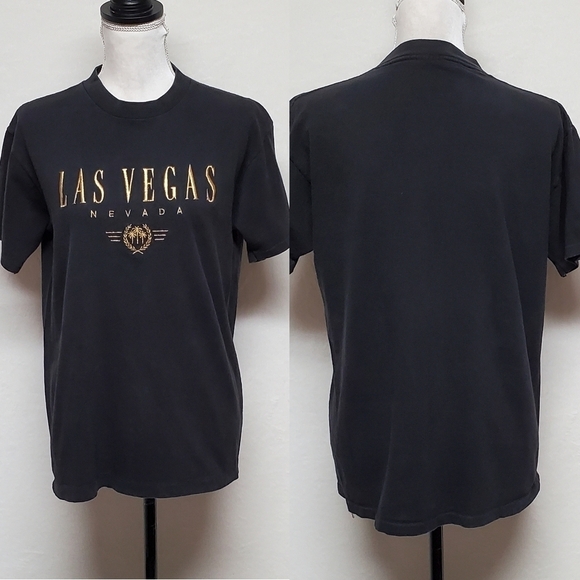 Vintage 1990s Oneita Washed Black Las Vegas Nevada Gold Embroidered Graphic Tee - Picture 1 of 11